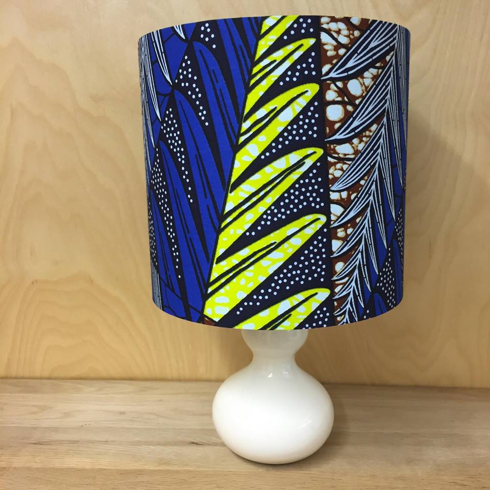 African wax print lampshade in cobalt, lemon & brown (20cm)