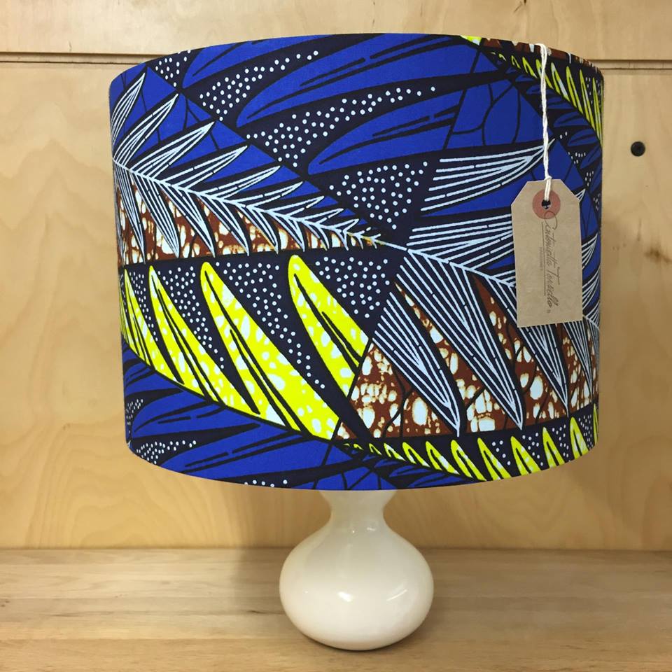 African wax print lampshade in cobalt, lemon & brown – 30cm